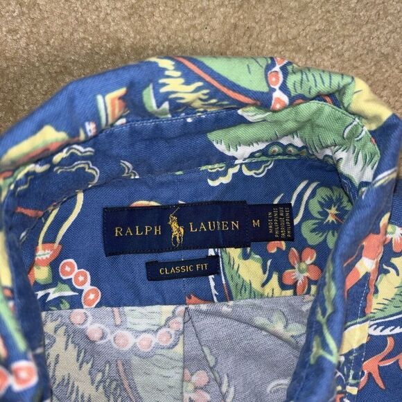 Ralph Lauren Polo Oxford Button Down Shirt Blue Floral Hawaiian Tropical Size M - Picture 3 of 7